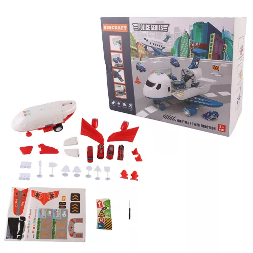 Samolot transportowy straży pożarnej z 4 wozami strażackimi, akcesoriami, efektami świetlnymi i dźwiękowymi