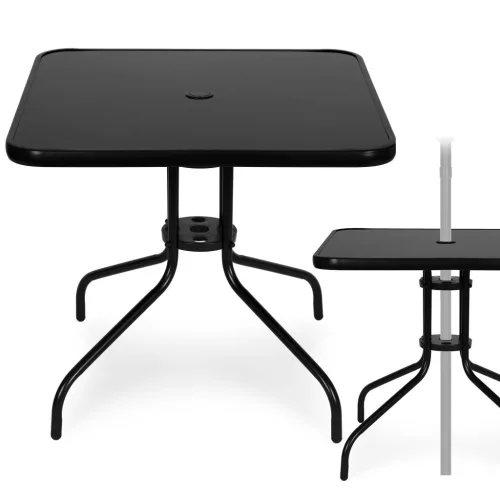 Stół ogrodowy z metalową ramą 80x80 cm, szkło hartowane, czarny