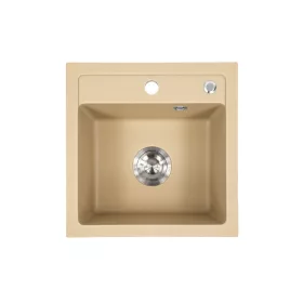   Kwadratowy zlewozmywak granitowy jednokomorowy Nia z syfonem beżowym