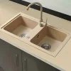 Kwadratowy zlewozmywak granitowy dwukomorowy Tia z syfonem beżowym