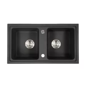   Kwadratowy zlewozmywak granitowy dwukomorowy Tia z syfonem czarnym