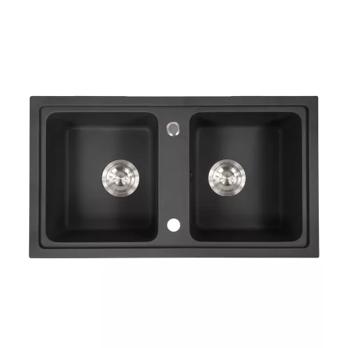 Kwadratowy zlewozmywak granitowy dwukomorowy Tia z syfonem czarnym