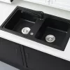 Kwadratowy zlewozmywak granitowy dwukomorowy Tia z syfonem czarnym