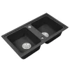 Kwadratowy zlewozmywak granitowy dwukomorowy Tia z syfonem czarnym