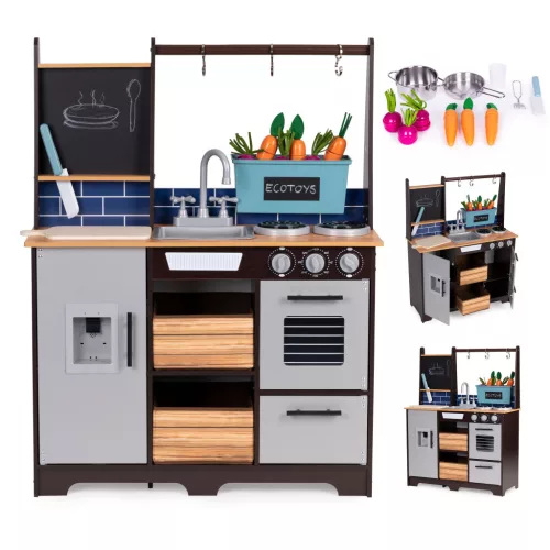 Drewniana kuchnia dla dzieci z ogródkiem warzywnym i akcesoriami